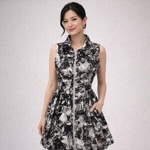 NWOT SAMUEL DONG Duppioni Bubble Coat Dress Sleeveless Artsy Abstract Ruffles L